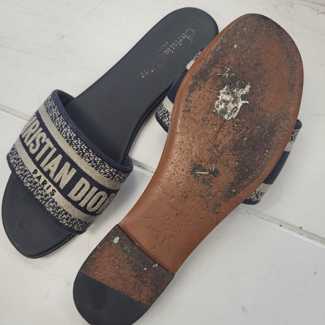 靴 Vintage Dior Logo Sandals 35 Christian Dior Dway D-Club Blue Leather CD Club Logo Slide Mule